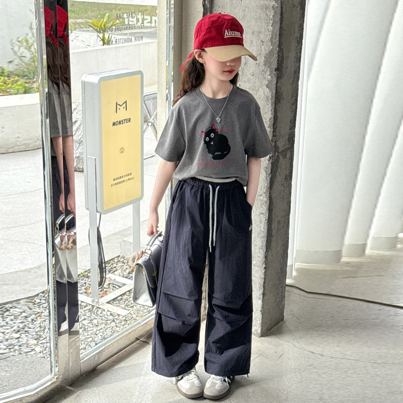 女童夏季猫咪短袖工装裤套装2025新款洋气中大童卡通休闲两件套11
