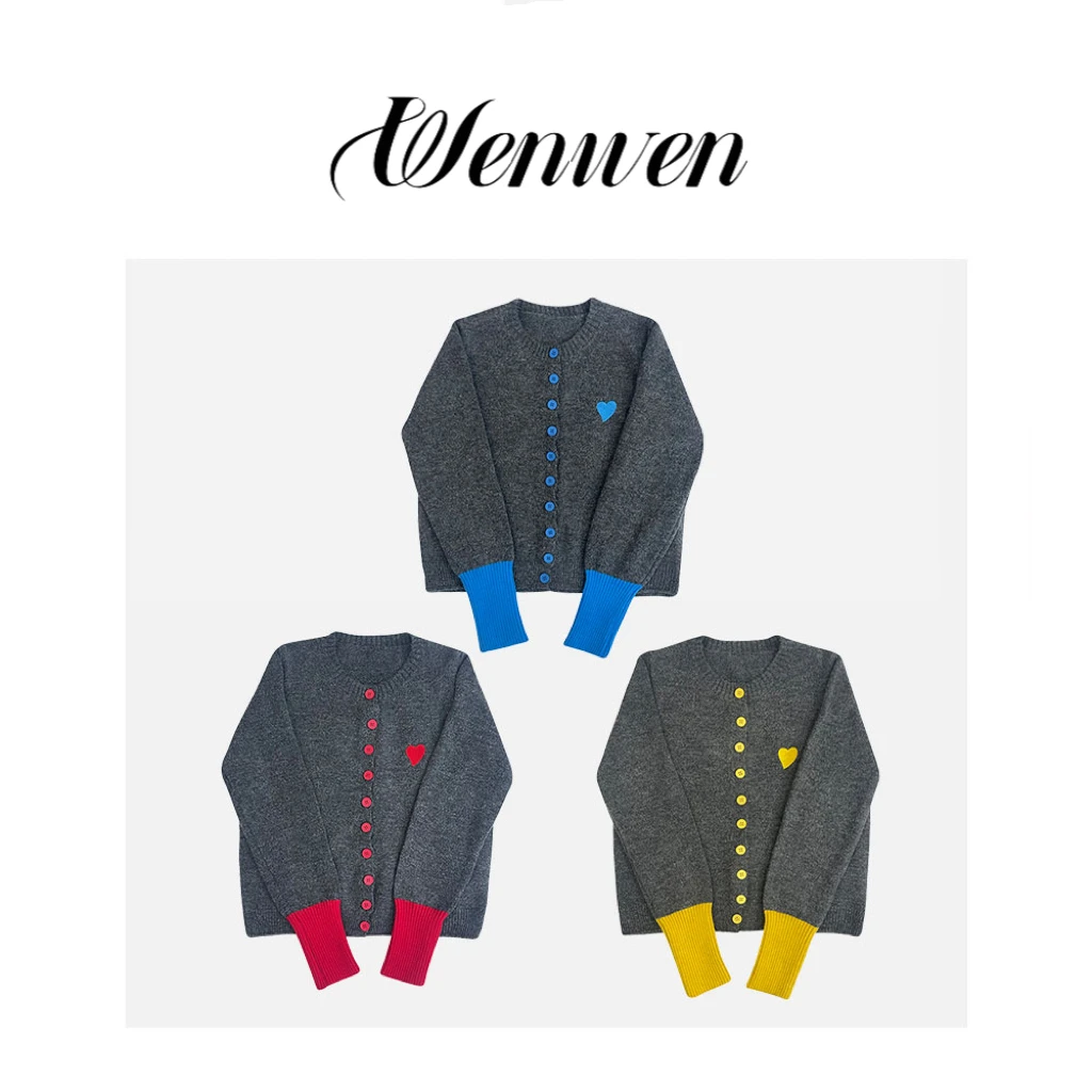 WenWen-春款上新【珍妮糖果屋】-撞色刺绣爱心针织毛衣开衫Y24470