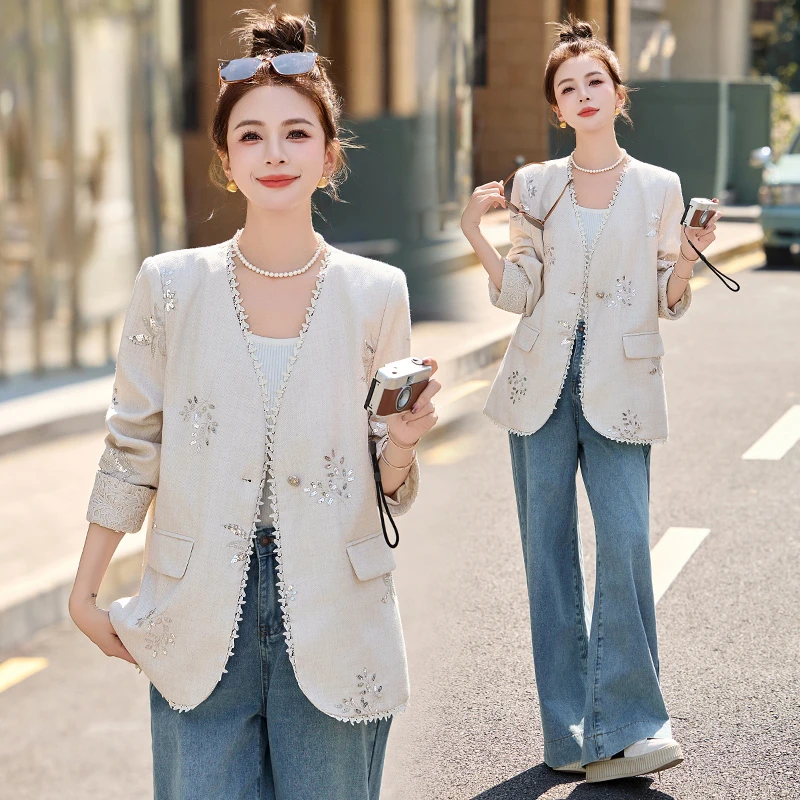 重工流行韩版西装外套女2025春季设计感重工显瘦V领洋气西服上衣