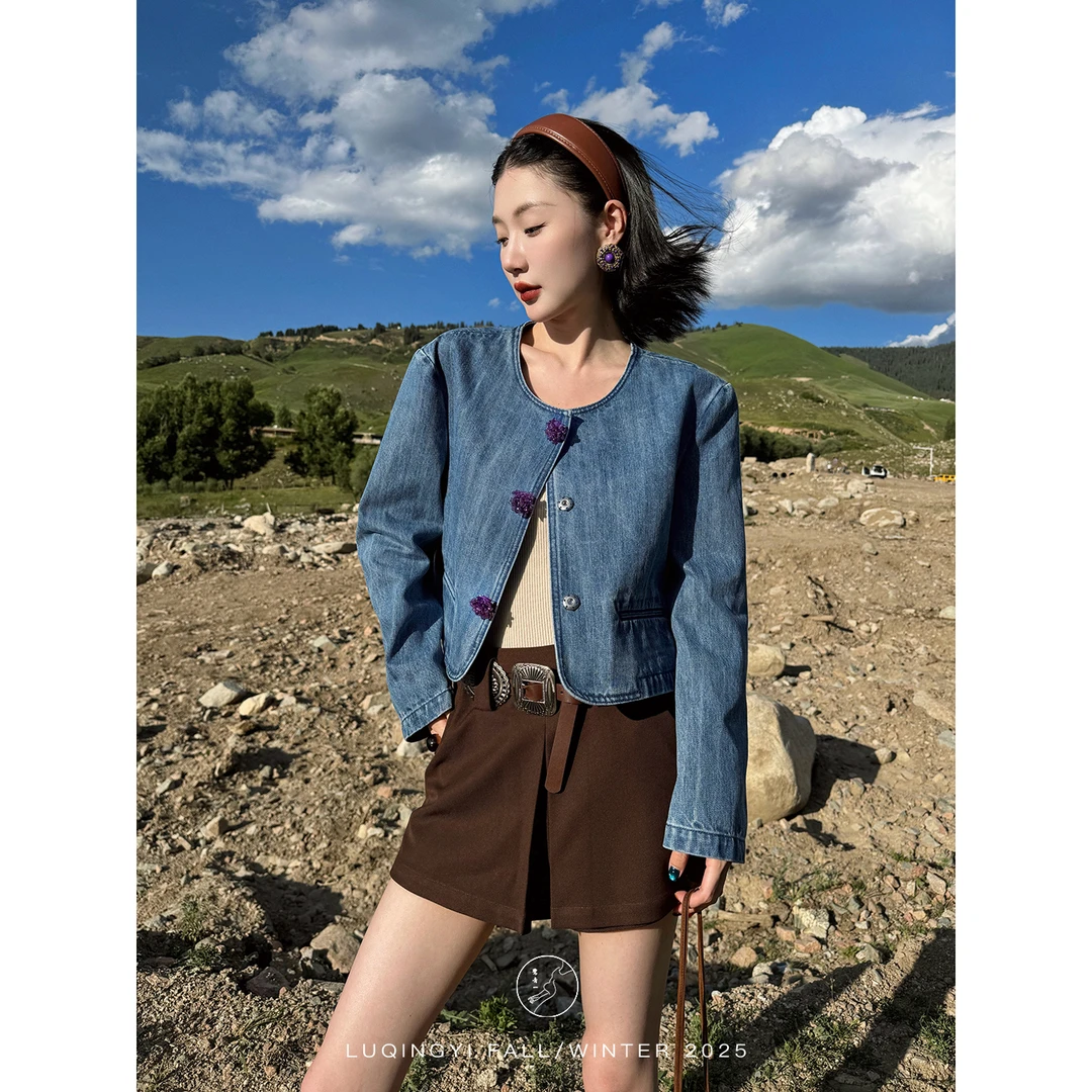 鹭青一原创【潇湘】复古撞色丹宁棉弹牛仔修身短外套L25X3300K