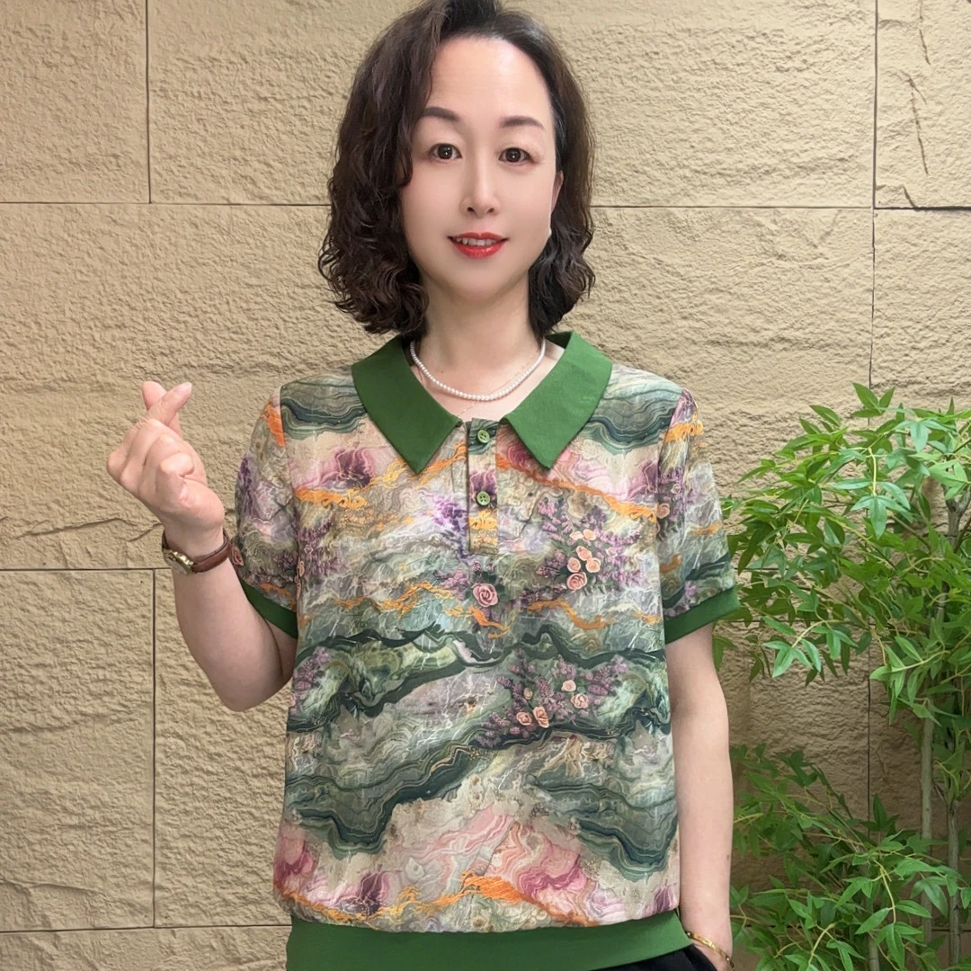 妈妈装夏季薄款娃娃领花色透气凉快显瘦气质中老年女装短袖上衣女