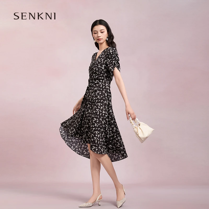 SENKNI圣可尼优雅抽褶碎花连衣裙法式显瘦收腰鱼尾裙女S361214OD