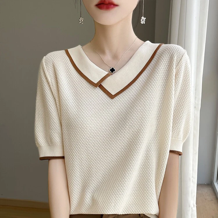 2025夏季好看的针织高级感短袖上衣夏季百搭恤翻领洋气显瘦复古衫