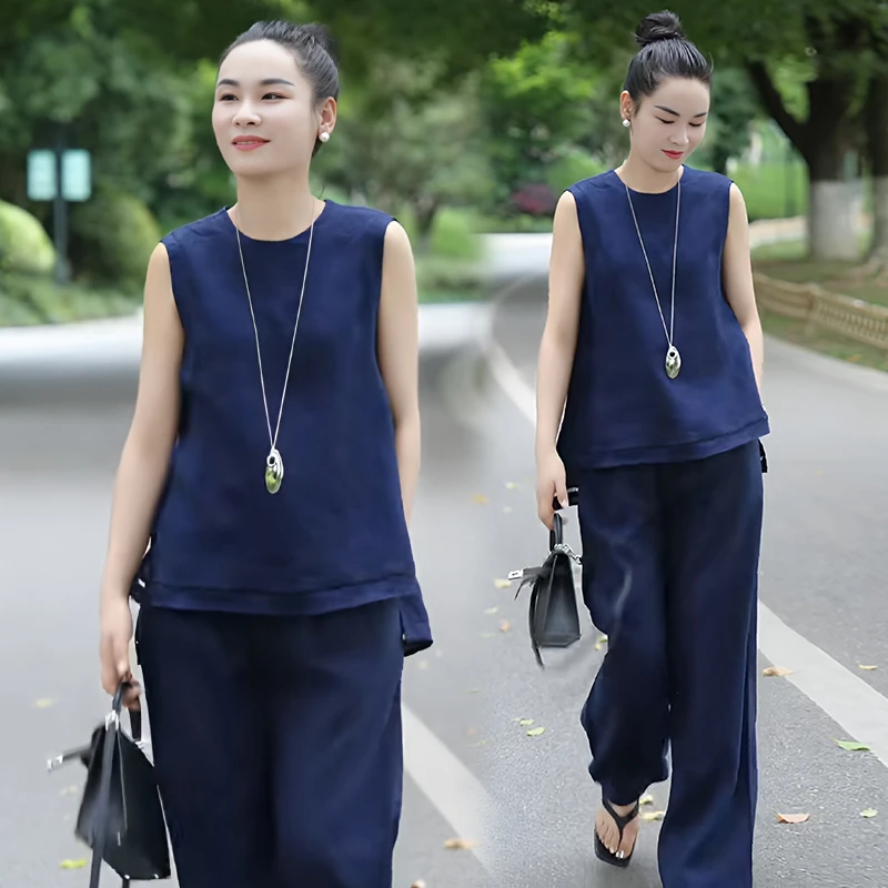时尚休闲阔腿裤套装女夏季2026新款薄款直筒裤无袖背心上衣两件套