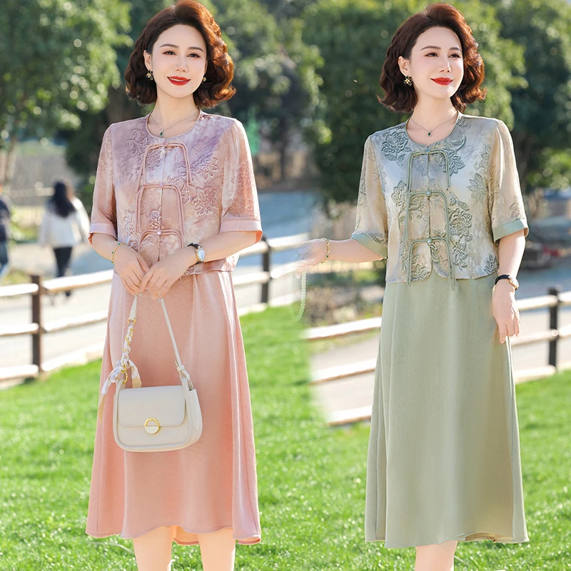 妈妈夏装新中式套装连衣裙新款中老年女装国风雪纺小衫长裙两件套