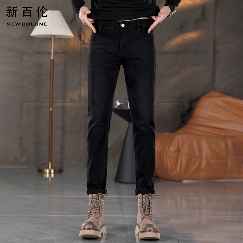 新百伦秋冬加绒黑色男士牛仔裤2025百搭修身九分直筒轻奢男款长裤