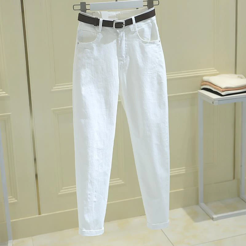 白色牛仔裤女2025夏季薄款宽松高腰显瘦小脚小个子哈伦裤老爹裤女