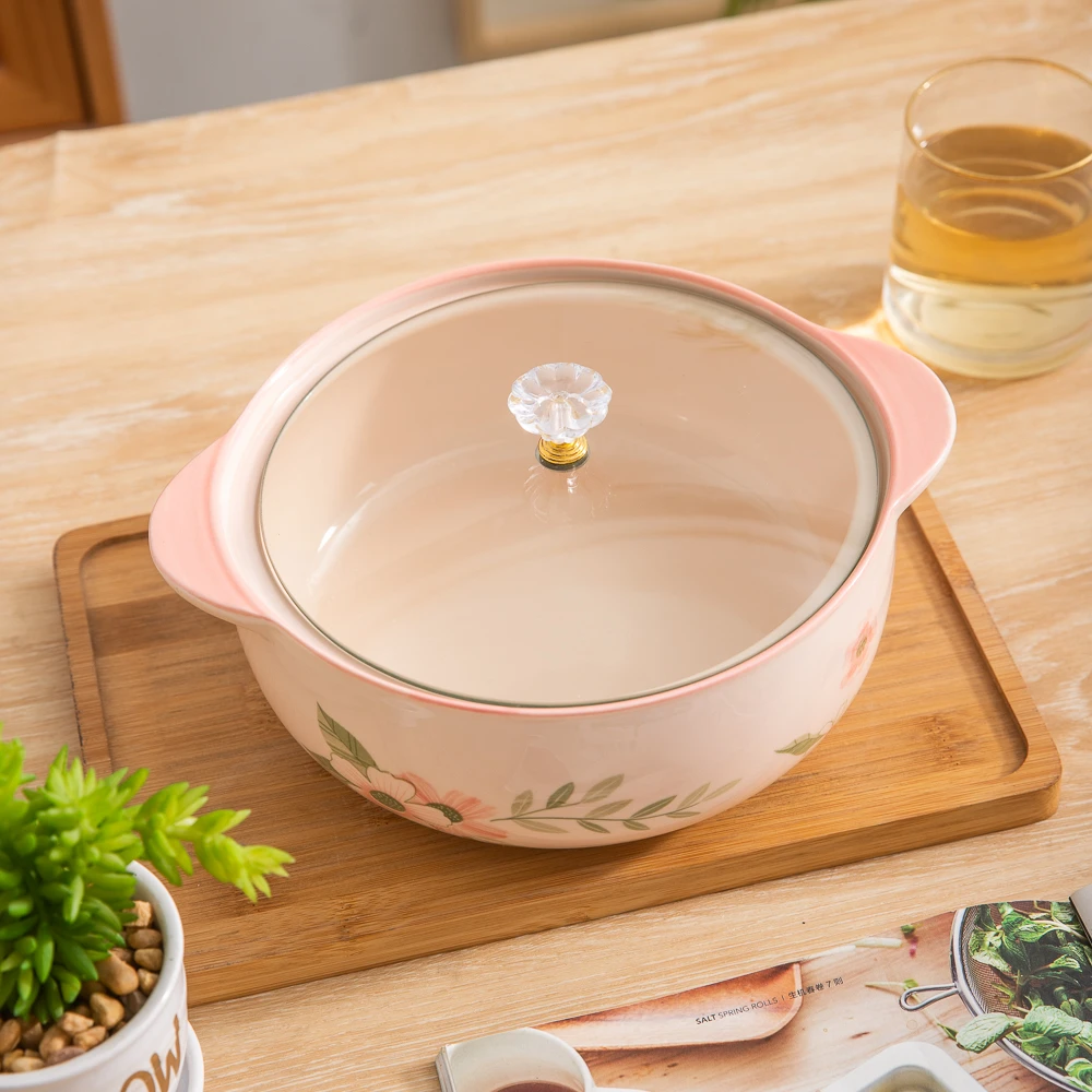 可爱小清新珊瑚海玻璃盖双耳汤碗釉下彩陶瓷餐具家用带盖大容量