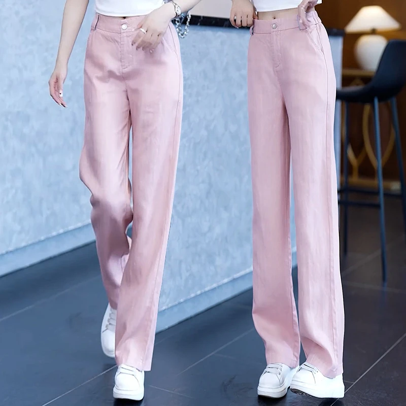粉色夏季薄款凉感九分休闲裤女2025新款窄版直筒阔腿裤洋气百搭