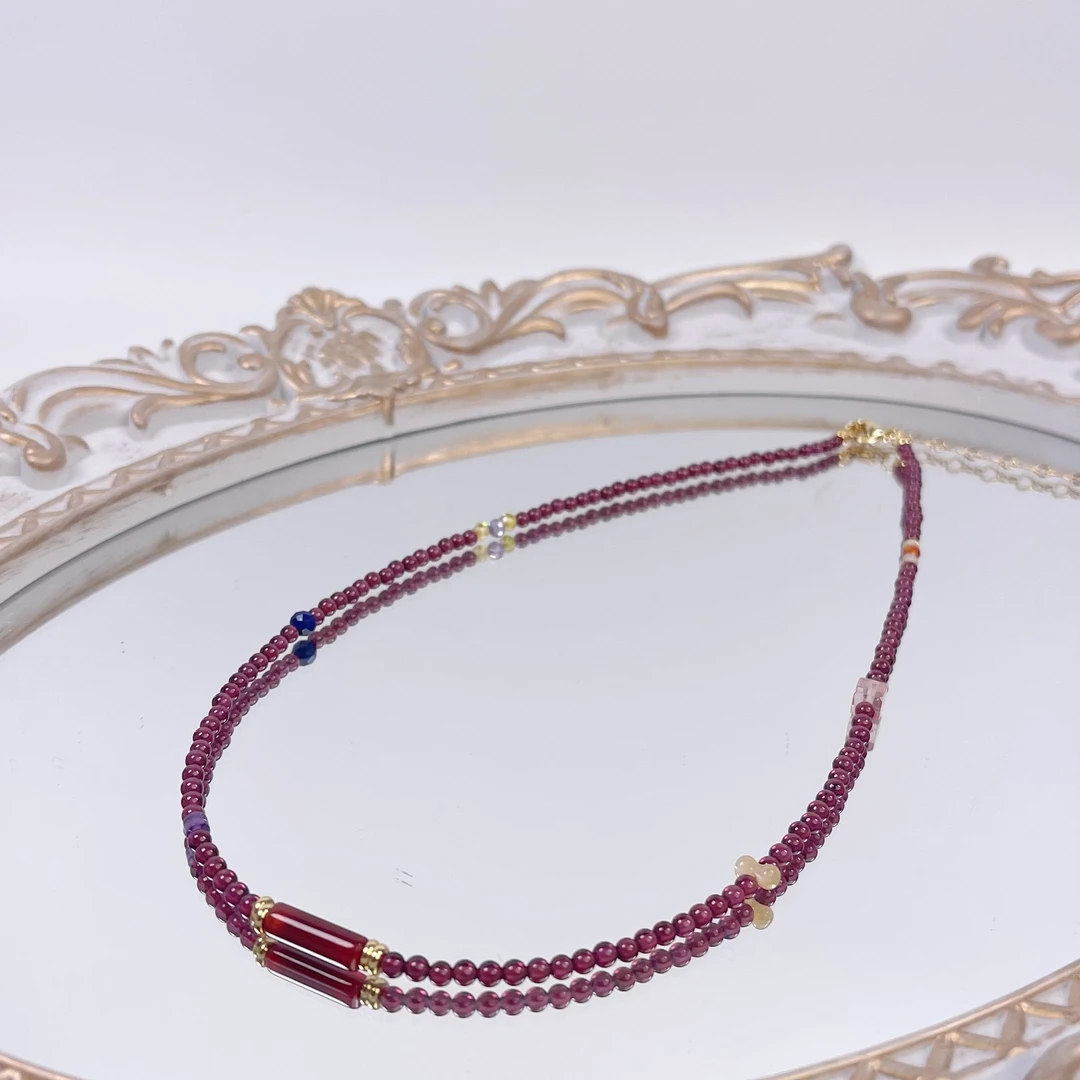 原创设计S925银红石榴石女士百搭锁骨链气质手工串珠项链
