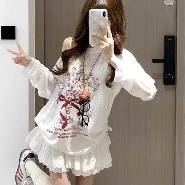 白色印花长袖T恤女夏季薄款慵懒风斜肩防晒罩衫宽松甜辣抽绳上衣