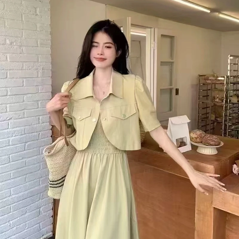 夏季新款泡泡袖外套搭配吊带连衣裙气质修身时尚套装