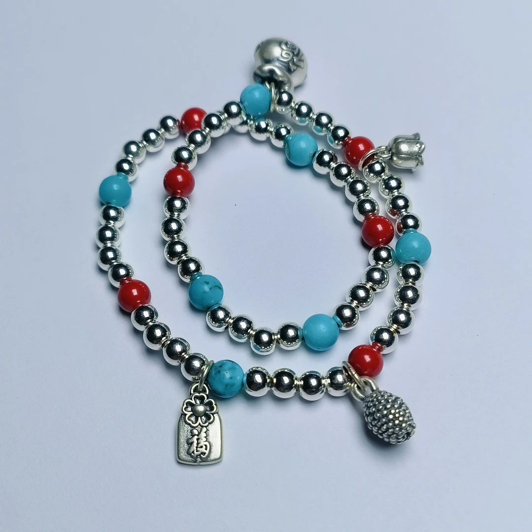 天然辰砂百搭民族风松石朱砂足银双圈多层手链