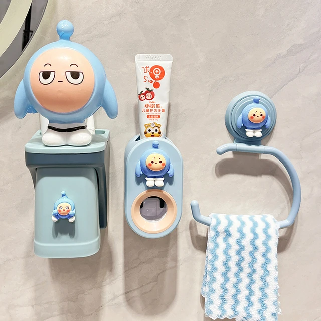 牙杯牙刷置物架免打孔磁吸漱口杯子家用可爱卡通毛巾架洗漱三件套