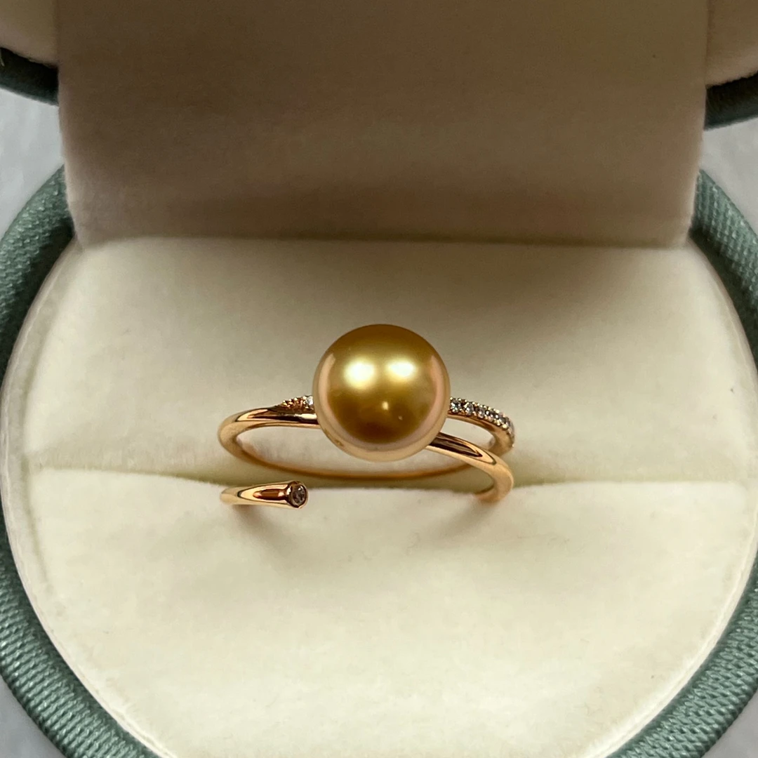 海水珍珠南洋金珠戒指18K金镶钻8.2mm正圆极强光浓茶金色时尚优雅