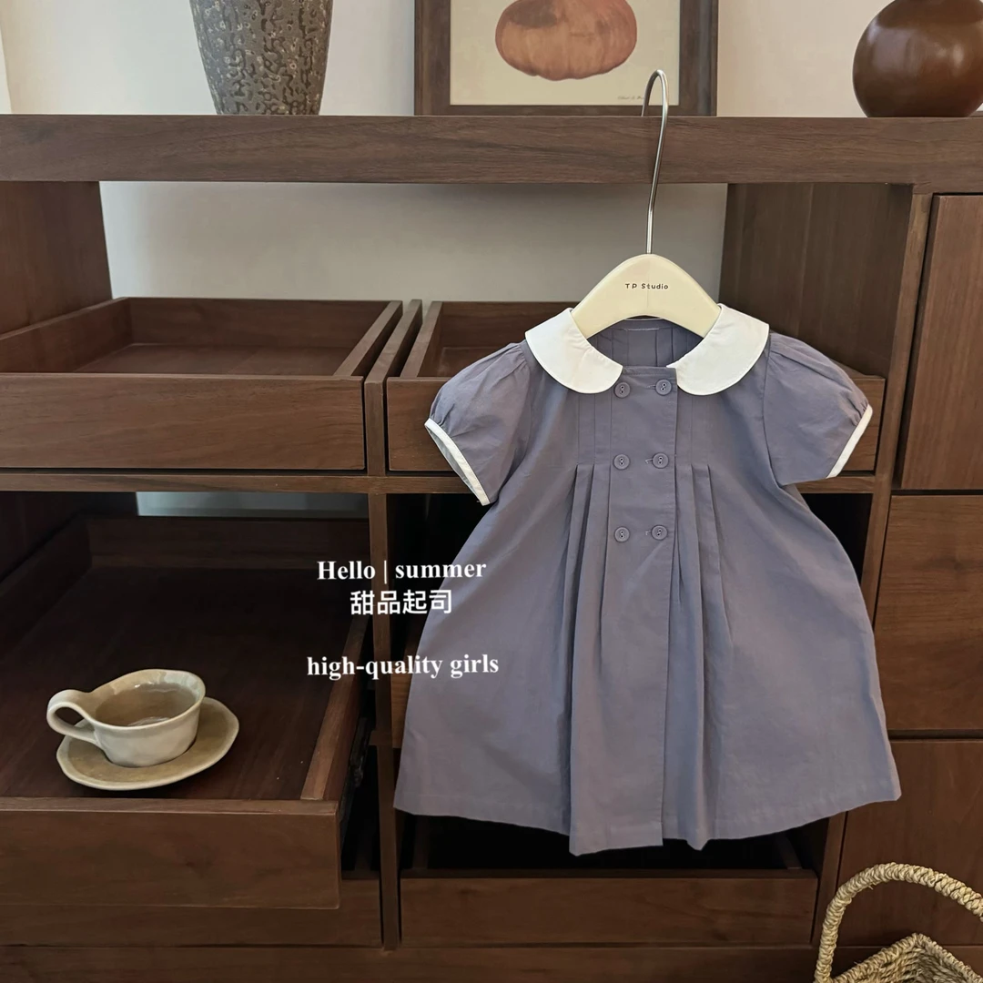 【甜品起司】特调蓝灰！女宝宝大牌双排扣娃娃领学院风A字版公主裙