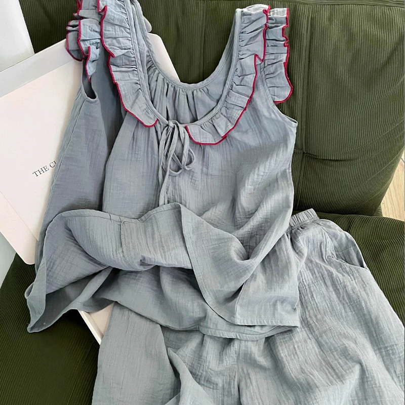 夏季短裤无袖背心睡衣家居服套装夏季时尚复古法式荷叶边简约甜美