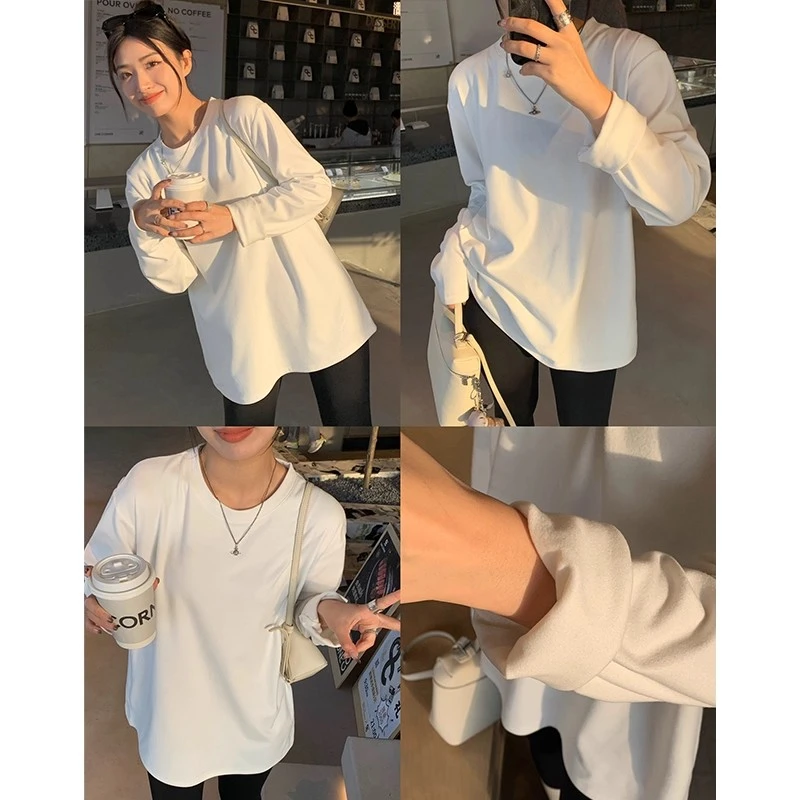 简白加厚银狐绒软糯磨毛长袖t恤女秋冬内搭叠穿白色宽松打底上衣