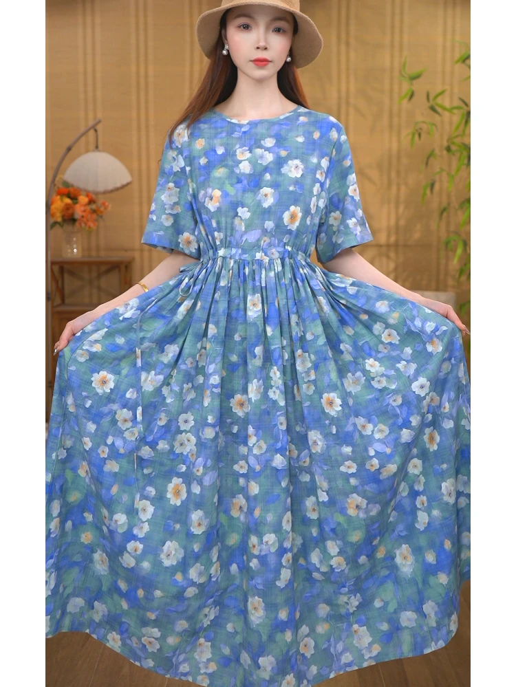 蓝色花海 夏季新款大摆裙优雅洋气连衣裙大码宽松长裙妈妈装
