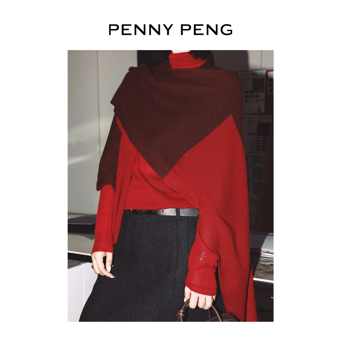 PENNYPENG 合奏曲 气质慵懒拼色红色羊毛羊绒披肩外搭斗篷