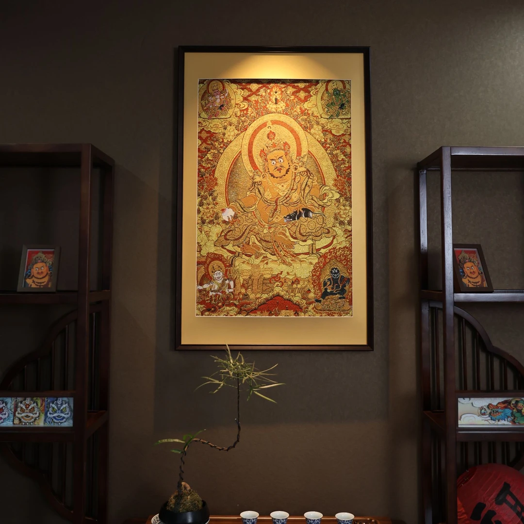 刺绣【五路财神】挂画实木装裱办公室玄关茶室客厅背景墙装饰画