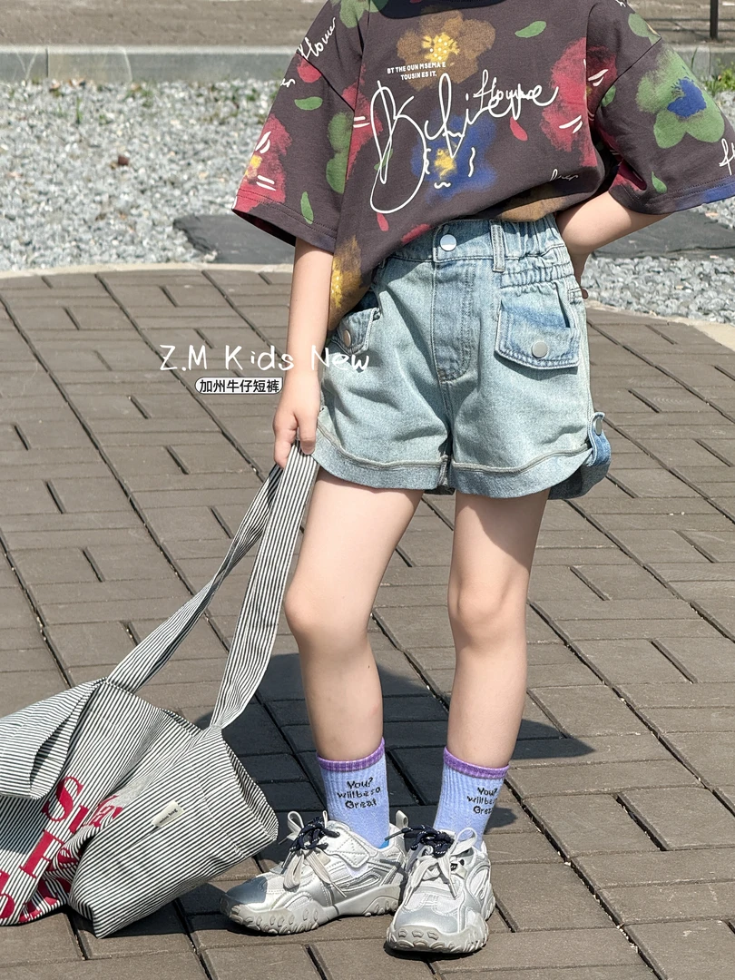 【加州牛仔】2025夏季儿童牛仔裤水洗蓝休闲裤热裤女童短裤B-58353