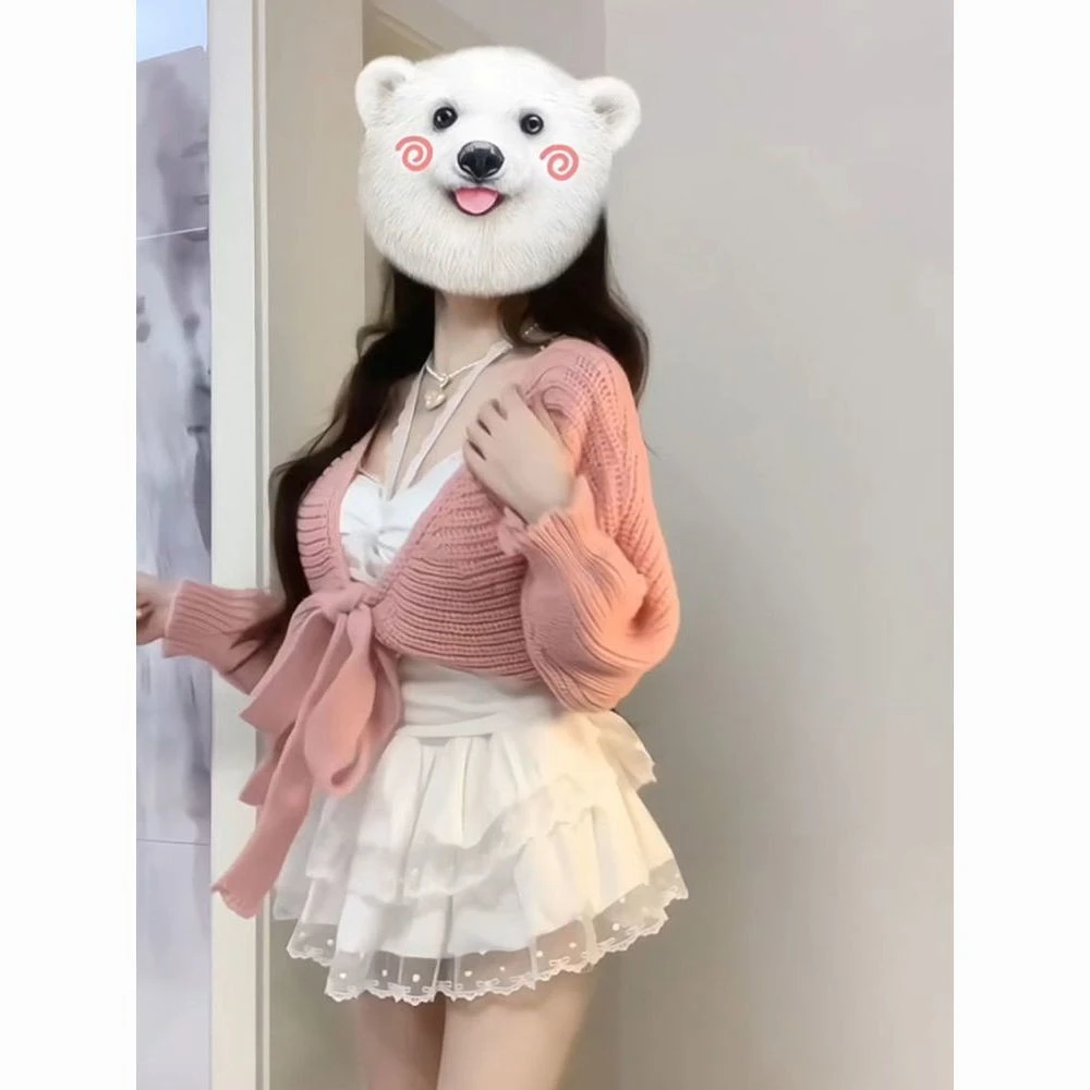 甜美风穿搭蝴蝶结绑带长袖针织衫女秋冬配白色蕾丝挂脖吊带两件套