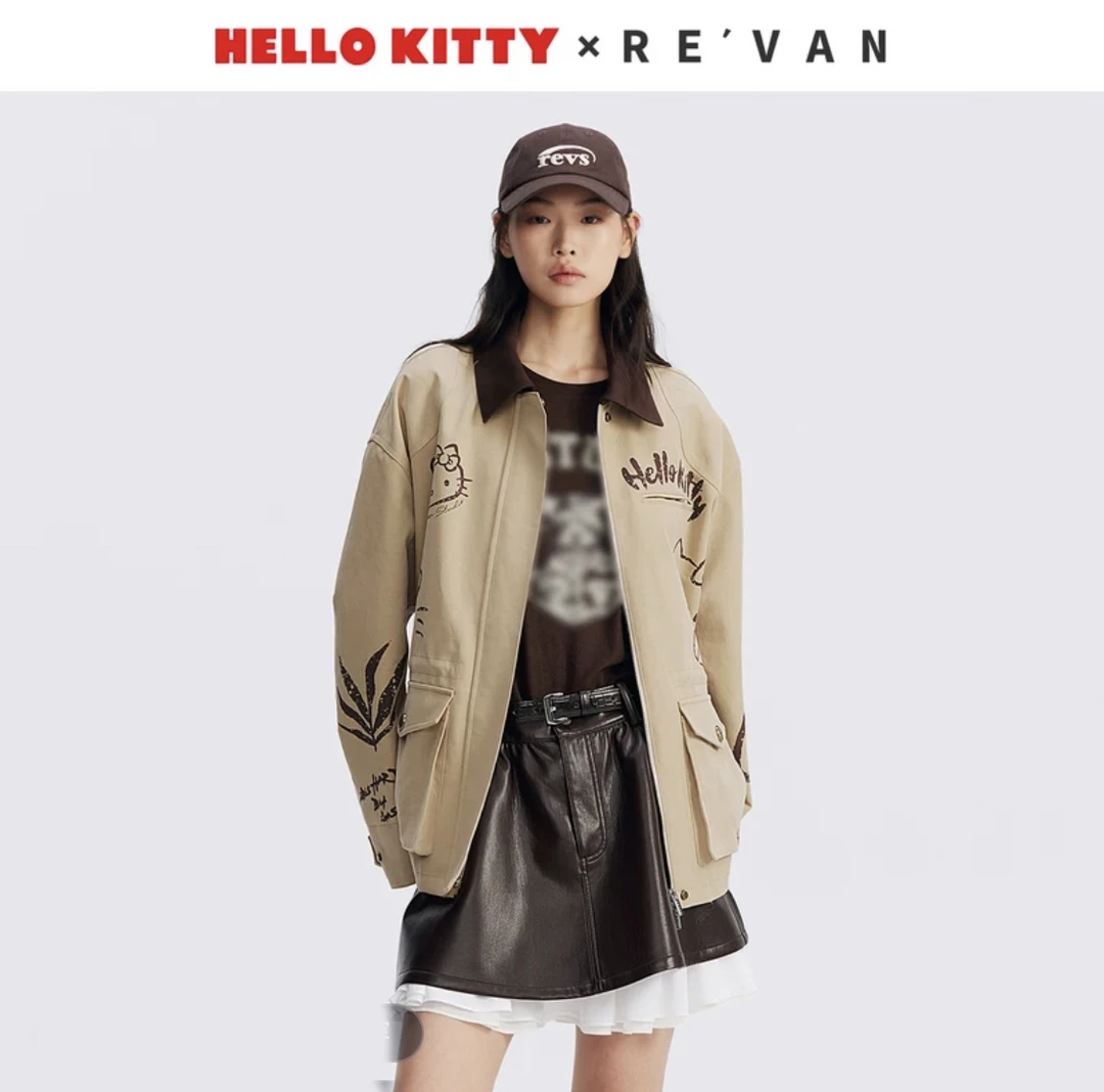 芮范revan 设计师品牌女装 Hello Kitty 涂鸦 卡其外套
