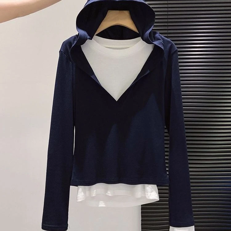 莫代尔棉假两件打底女早秋季新款高级感设计撞色长袖T恤连帽上衣
