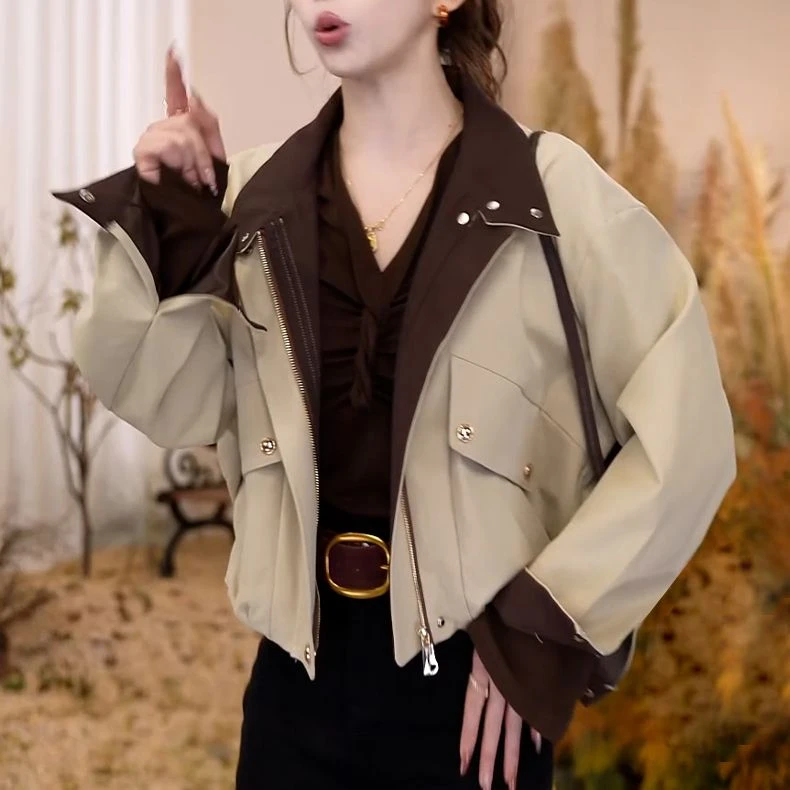 卡其色立领短款外套女2025年春秋夏季新款小个子休闲时尚工装夹克