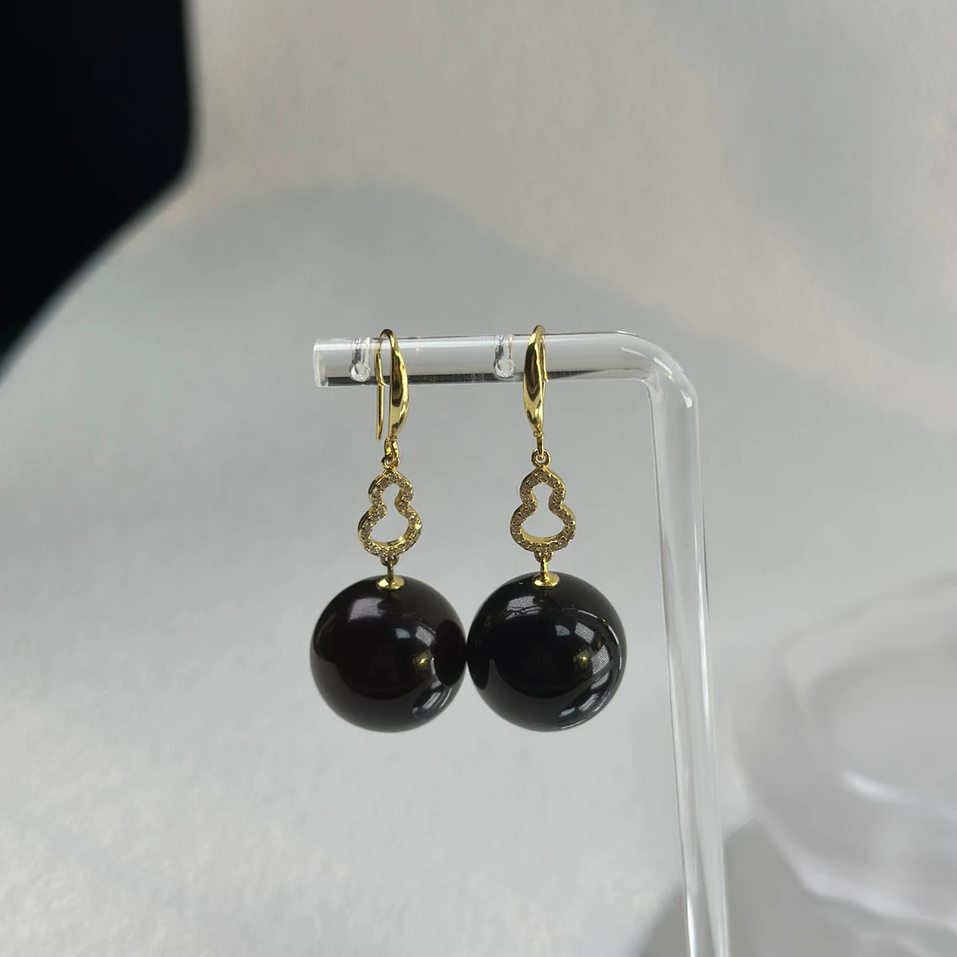 美创珠宝天然原矿琥珀缅甸翳珀17+mm葫芦镶嵌设计款耳饰耳钩耳环