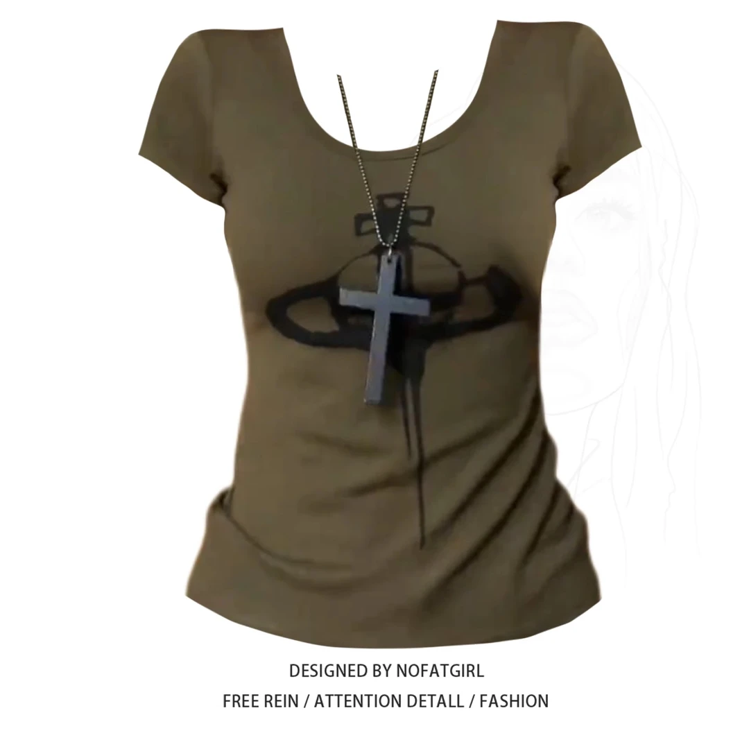 大码胖妹妹美式复古辣妹印花U领短袖t恤女夏季修身显瘦正肩上衣潮