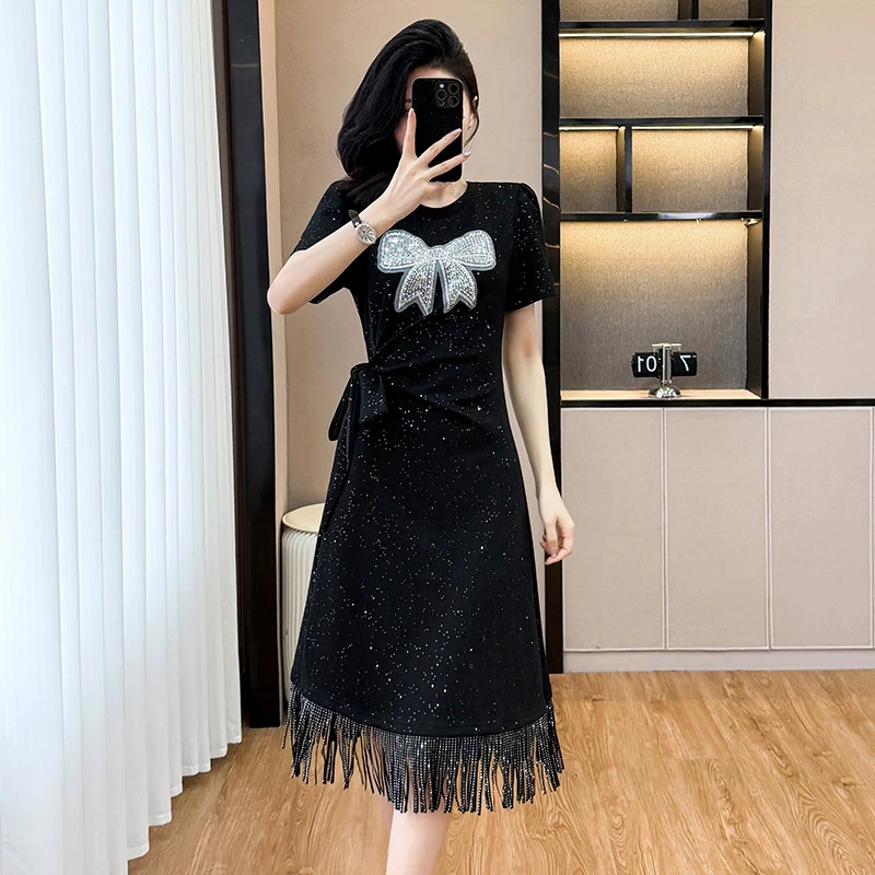 休闲大码系带收腰遮肚流苏连衣裙胖mm夏季时尚减龄显瘦中长裙女