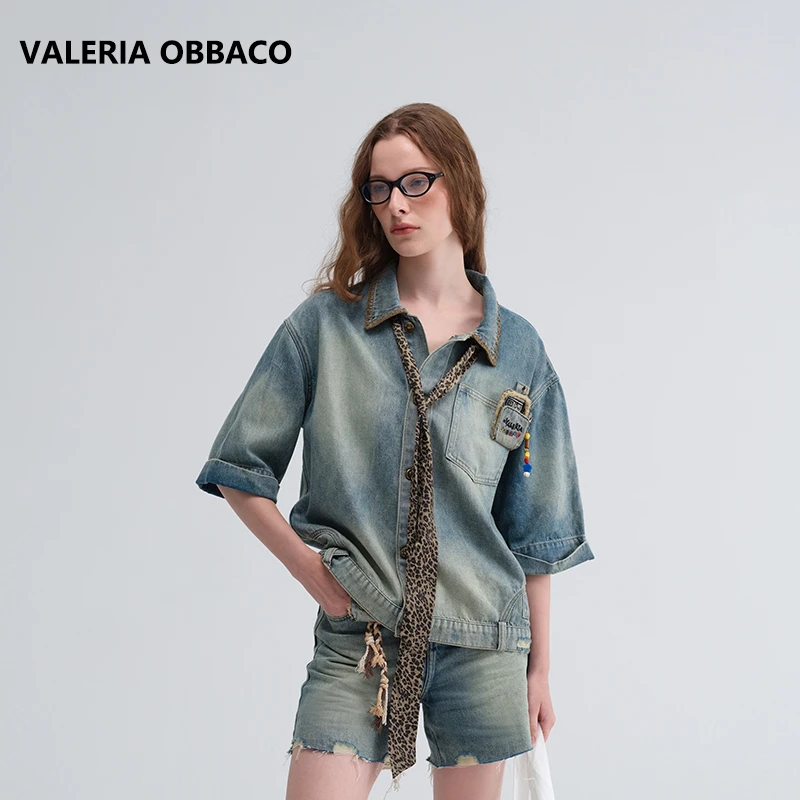 VALERIAOBBACO/瓦莱丽娅 奥贝科复古手机口袋牛仔外套短裤