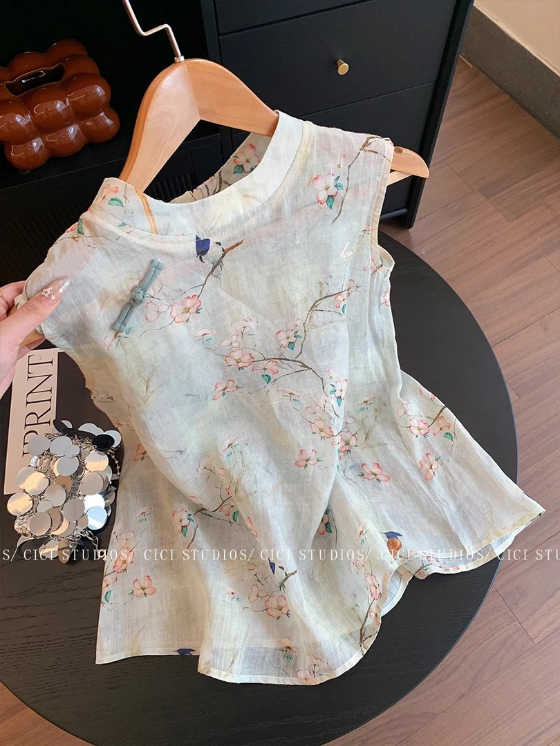 新中式国风提花立领无袖衬衫女夏2025新款气质轻薄显瘦设计感上衣