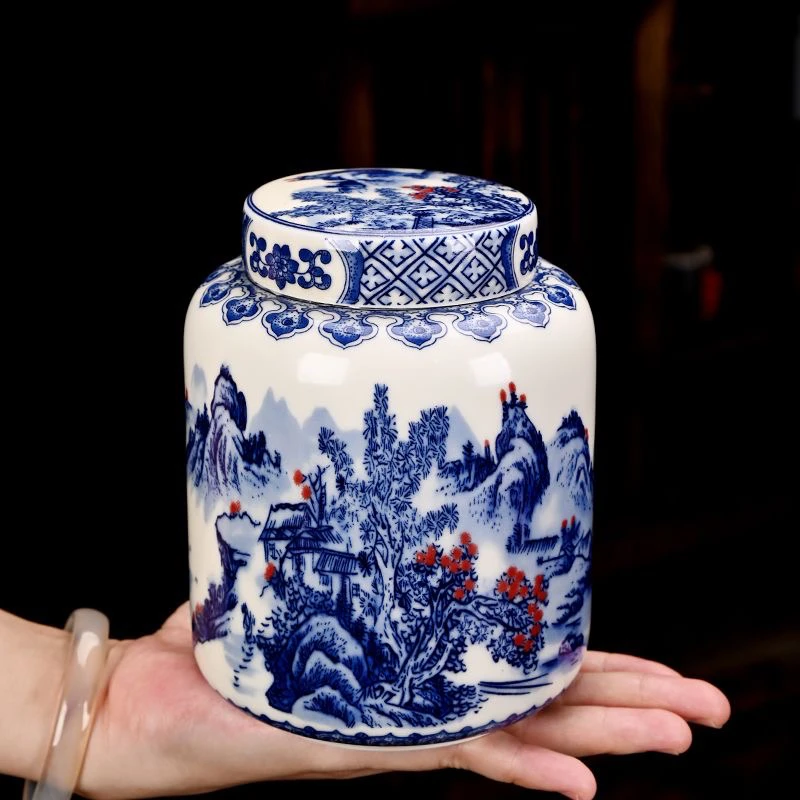 陶瓷密封罐青花山水直筒茶叶罐中式家用储茶罐普洱红茶半斤装空罐