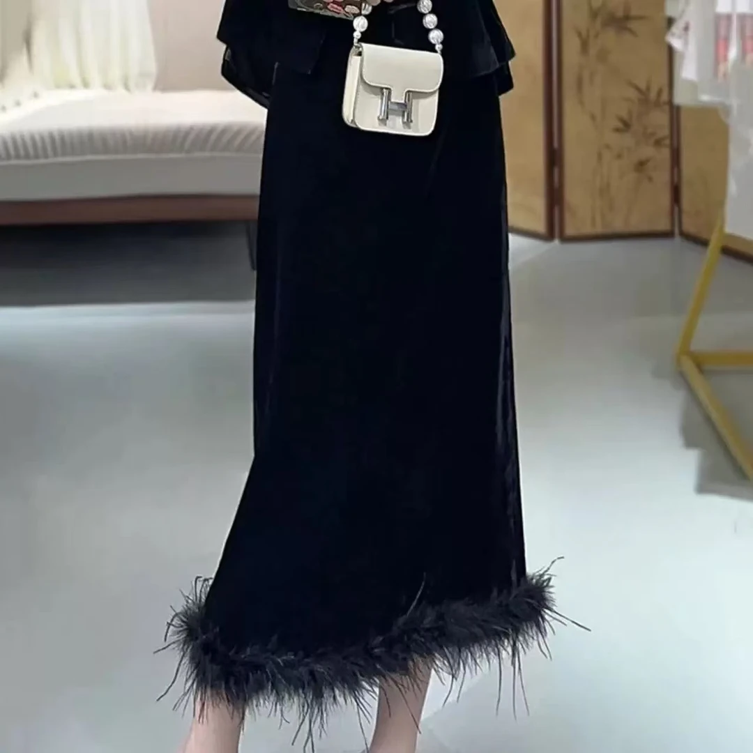 新中式国风女装入秋穿搭丝绒气质半身裙2024C6663雨情