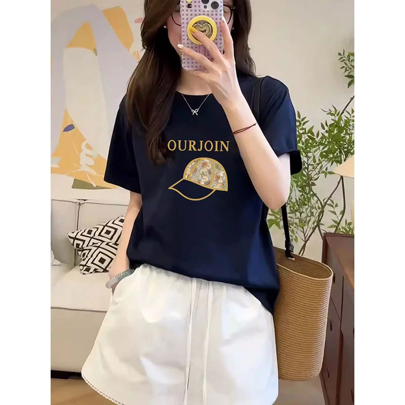 欧货舒适柔软圆领正肩宽松显瘦吸汗透气女装小个子短袖T恤上衣