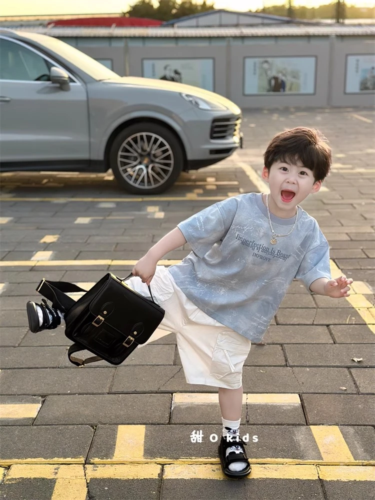 儿童纯棉扎染宽松字母印花简约T恤男童韩版短袖t恤中小童帅气上衣