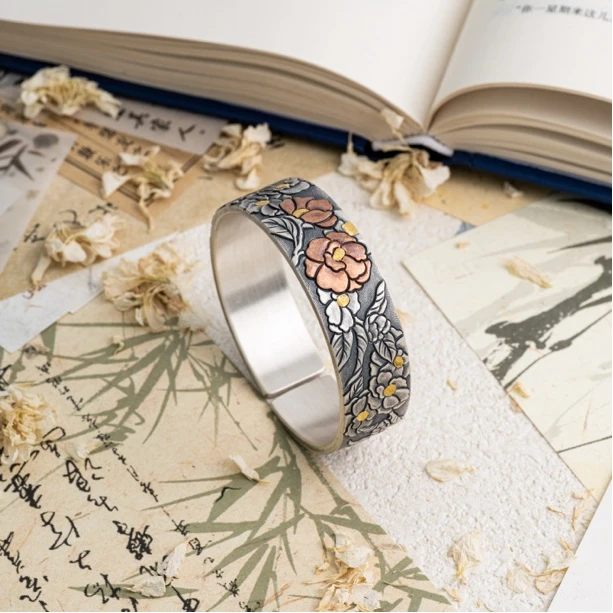 足银手镯 茶韵芳华｜原创设计｜镶嵌工艺 约100克