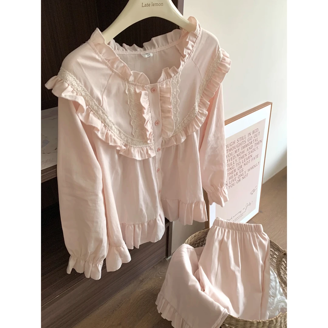 【宫廷风花边】甜美少女纯色长袖睡衣女春秋2025新款套装外穿家居服
