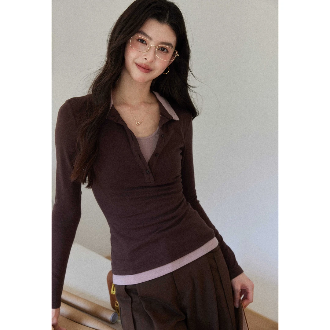 贰羊设计【舒渝】复古气质撞色假两件poloT恤女修身显瘦针织上衣