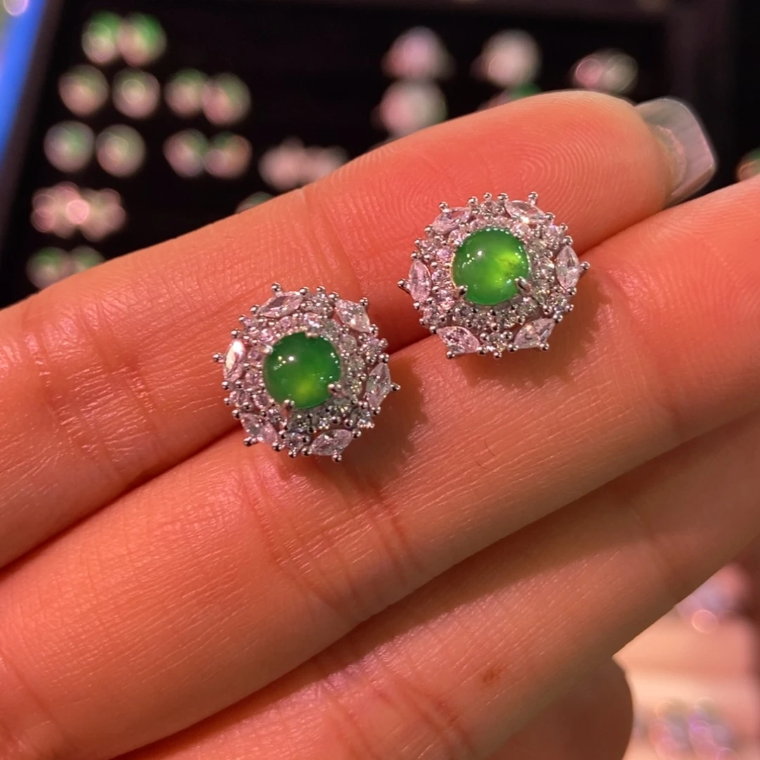 翡翠银S925镶嵌耳饰天然缅甸