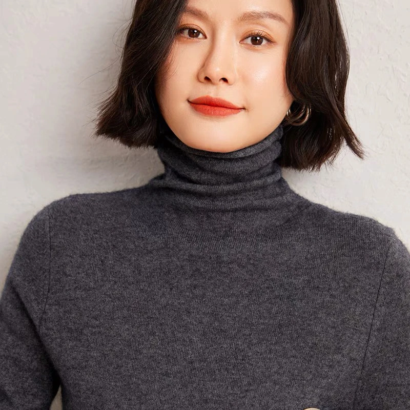 羊毛衫女100纯羊毛针织洋气衣服羊绒衫女堆堆领毛衣黑色毛衣