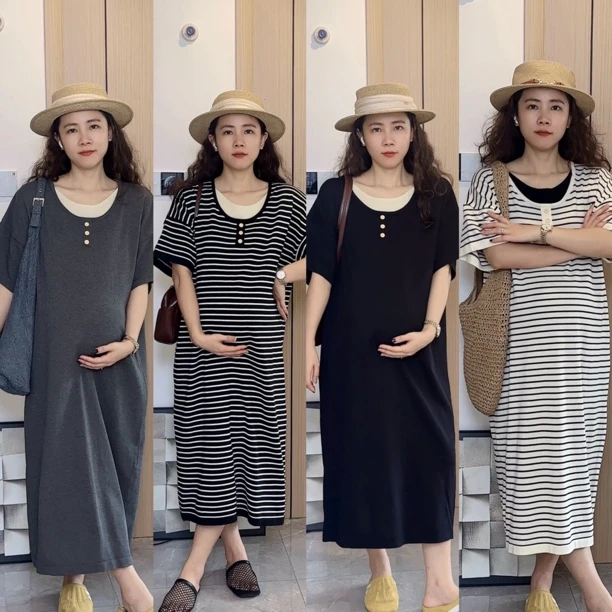 梨形身材穿的孕妇装简约宽松遮肉条纹假两件针织中长款连衣裙