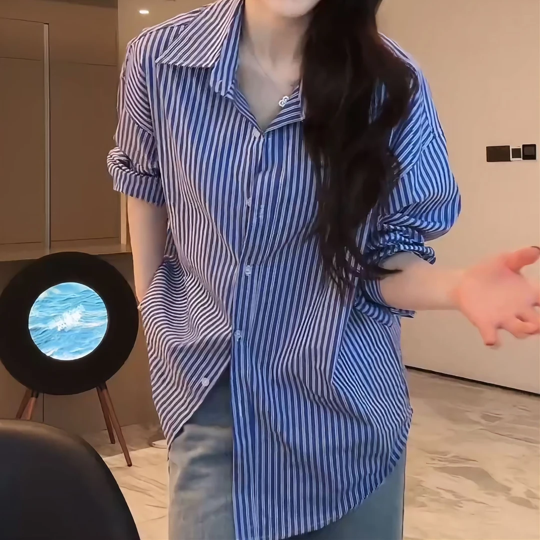 2025春夏新款内搭衬衣高级感法式复古蓝色条纹衬衫女LK2501372