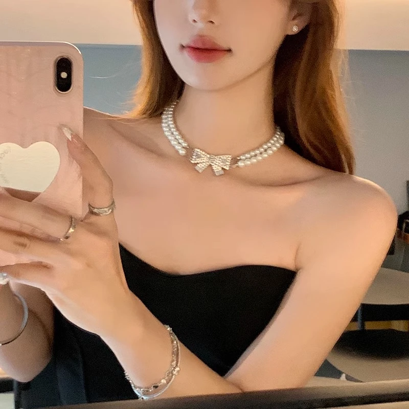 铜合金仿珍珠项链 嗲贵千金 蝴蝶结双层珍珠项链女款choker颈链