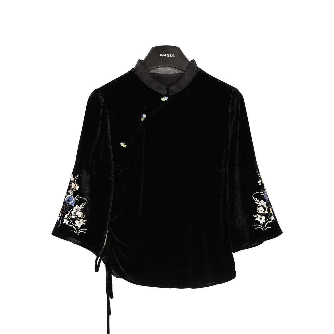【海棠花】国风轻奢洋气黑色衬衫袖口刺绣气质显瘦上衣LYFSY1052
