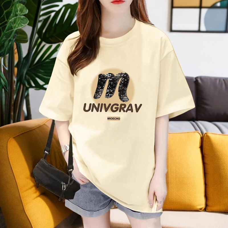 2025夏新款重工印花字母短袖T恤女时尚洋气减龄百搭显瘦圆领上衣