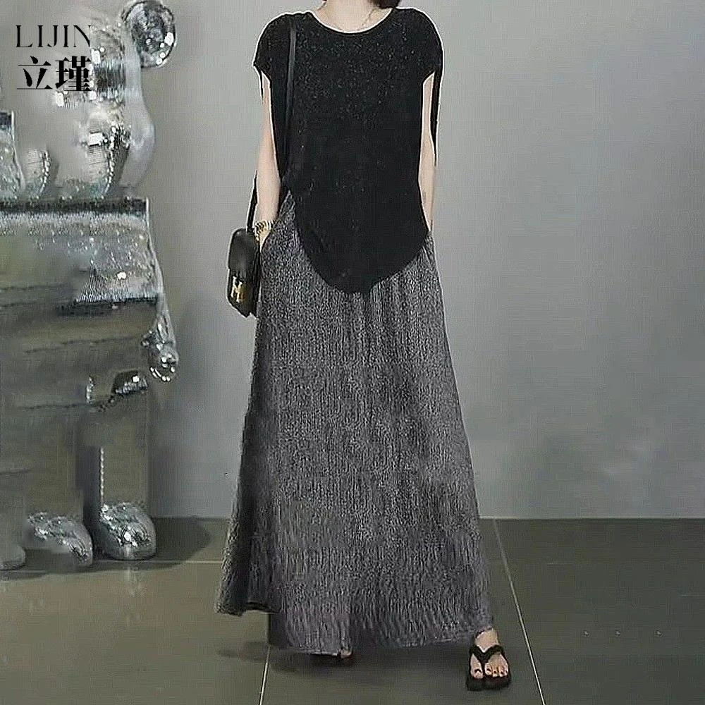 夏装搭配一整套时尚黑色碎钻短袖t恤女a字半身裙今年流行两件套装